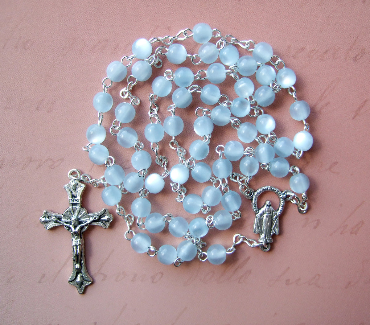 Sacred Heart of Jesus Blue Glass Cross Rosary Beads.