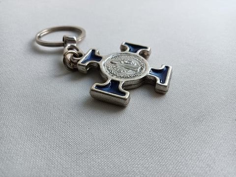 Keychain of St. Benedict's cross colours available: blue, brown and white