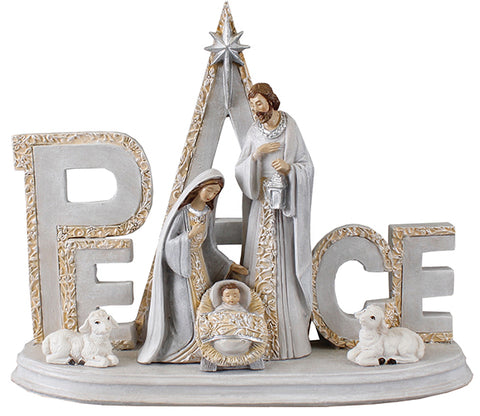 Resin PEACE Nativity Holy Family Scene 9 1/2 inches