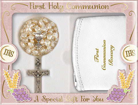 Pearlised Holy Communion Gift Set Rosary & Pouch