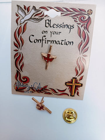 Confirmation Gift-  Red dove on gold cross pin