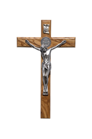 Wood St. Benedict Wall Crucifix with silver plated Corpus