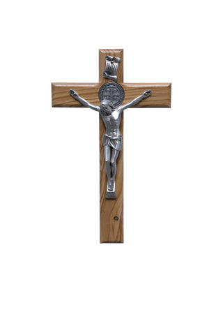 Wood St. Benedict Wall Crucifix with Silver Plated Corpus