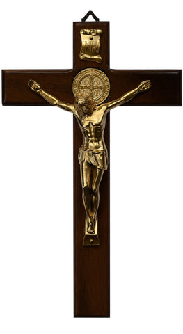 Wood St. Benedict Wall Crucifix with Gold plated Corpus