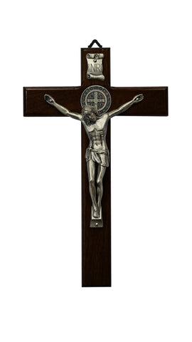Wood St. Benedict Wall Crucifix with Silver Plated Corpus