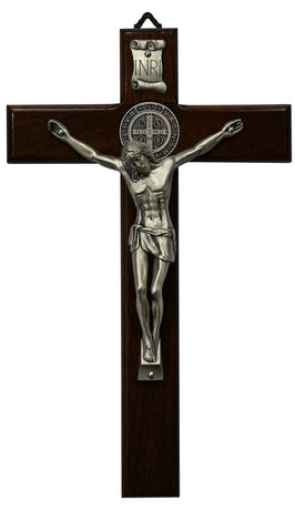 Wood St. Benedict Wall Crucifix with silver plated Corpus